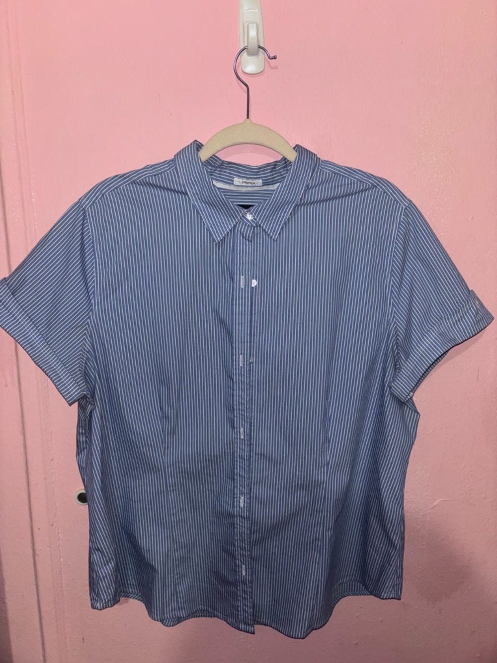 Liz Claiborne Blue & White Narrow-Stripe Short Sleeve Button-Up Shirt